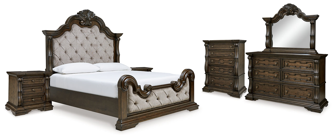 Maylee Queen Upholstered Bed with Mirrored Dresser, Chest and 2 Nightstands