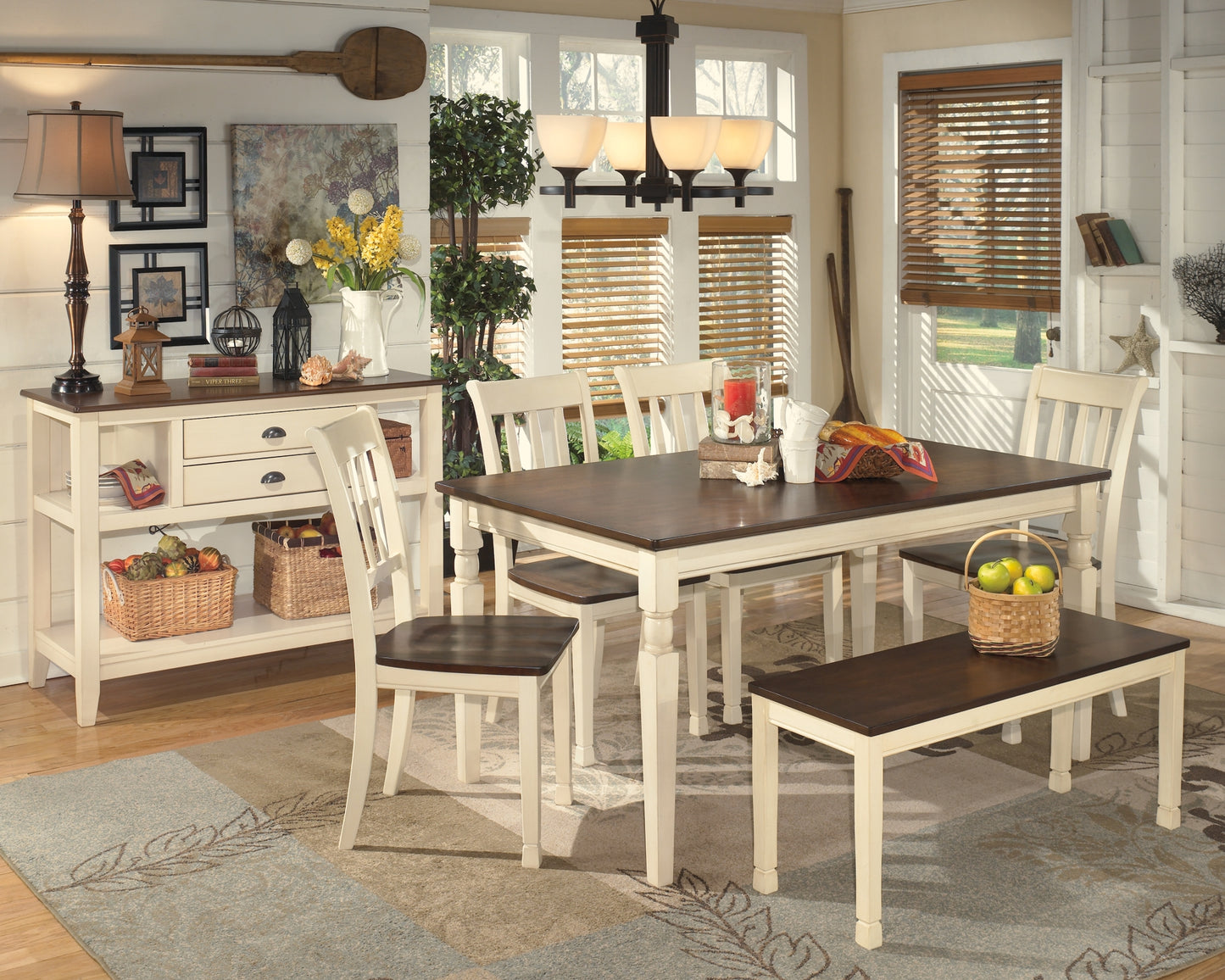 Whitesburg Dining Table and 4 Chairs and Bench with Storage