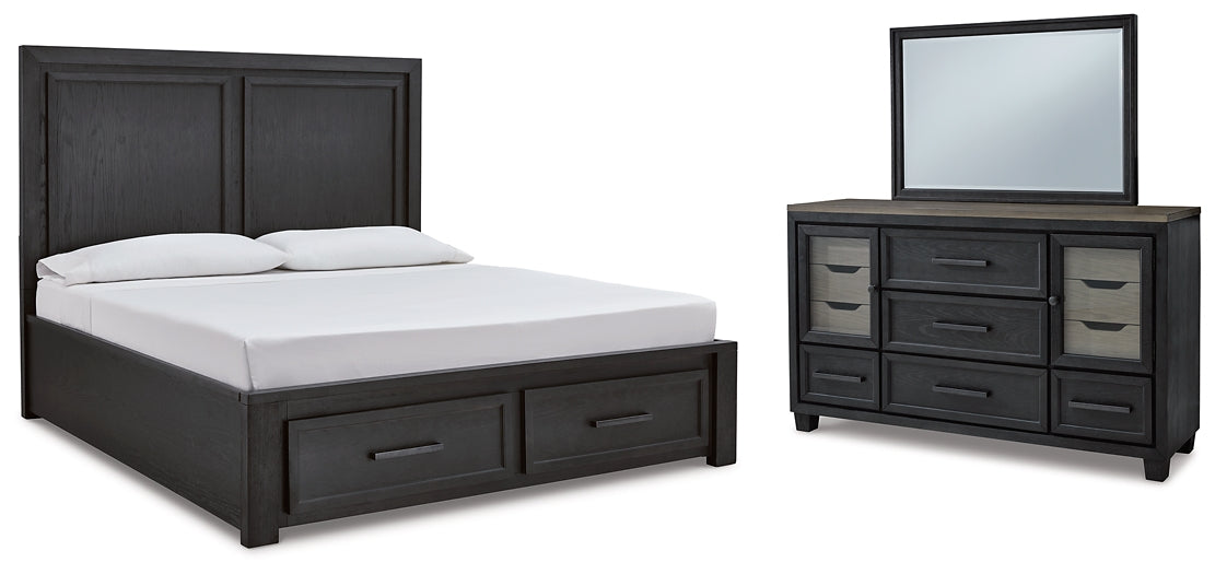 Foyland King Panel Storage Bed with Mirrored Dresser